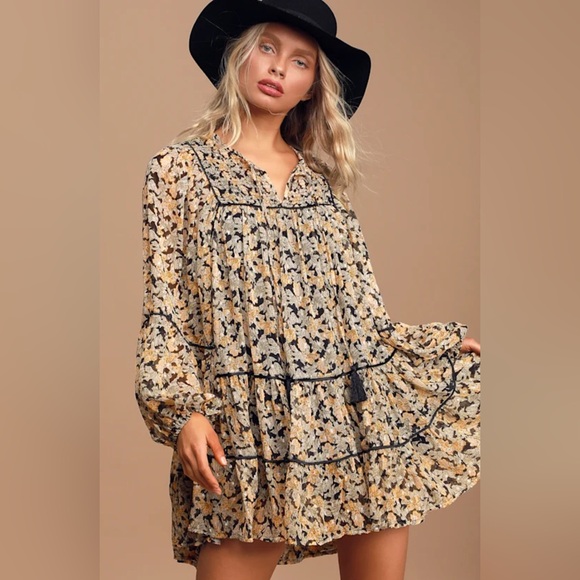 Free People Swinging Ruffled Mini Dress | Black Floral Metallic Print | Size XS - Picture 1 of 13